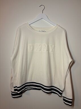 DKNY Cream Velour Crewneck Sweatshirt with Black Stripe Hem, XL